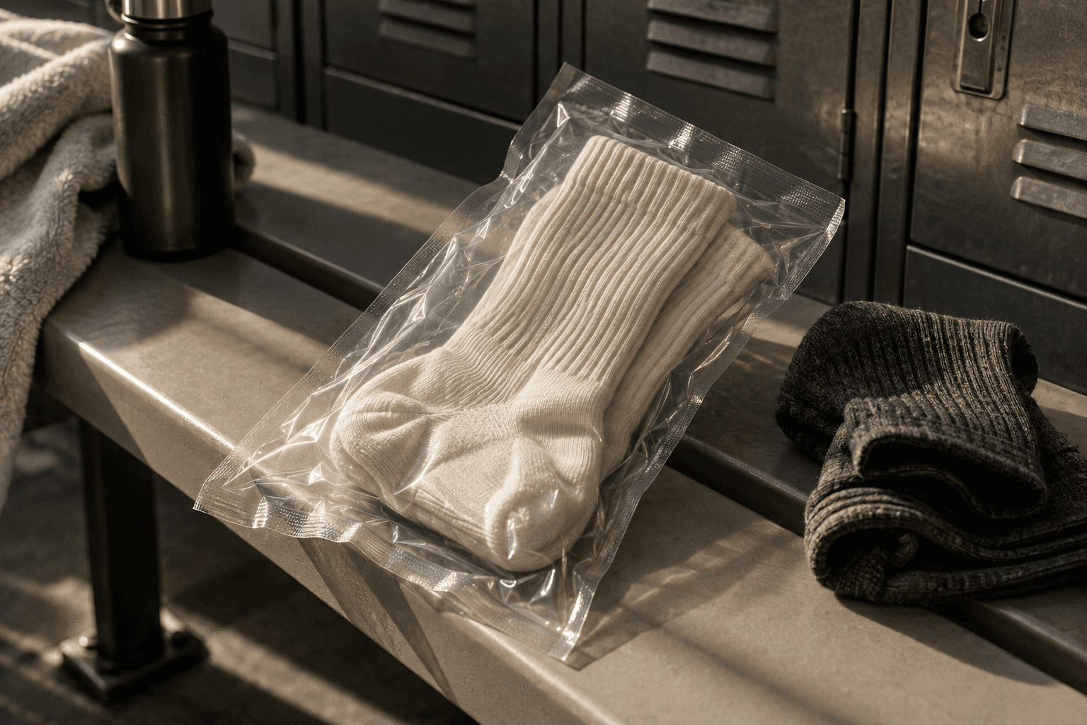 A pair of cream socks sealed in a clear garment pouch on a locker-room bench.